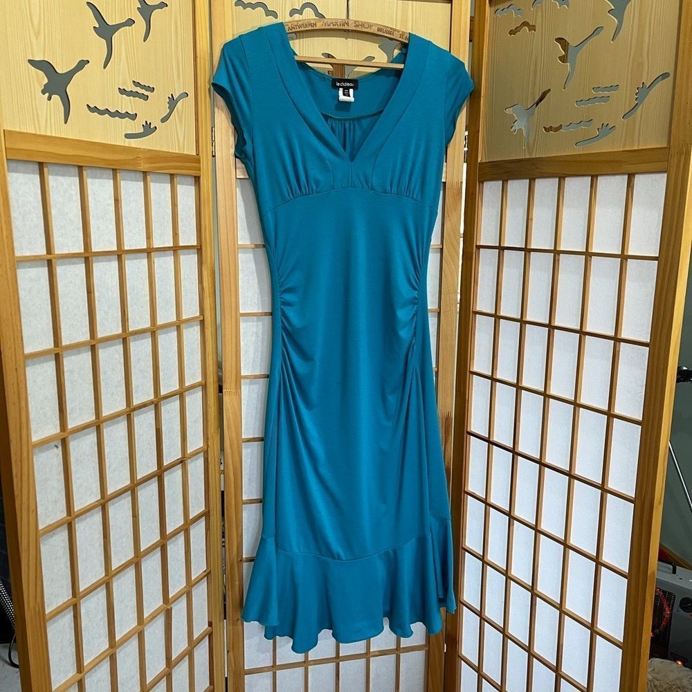 #114 Le Château long dress with side ruching and ruffled hem